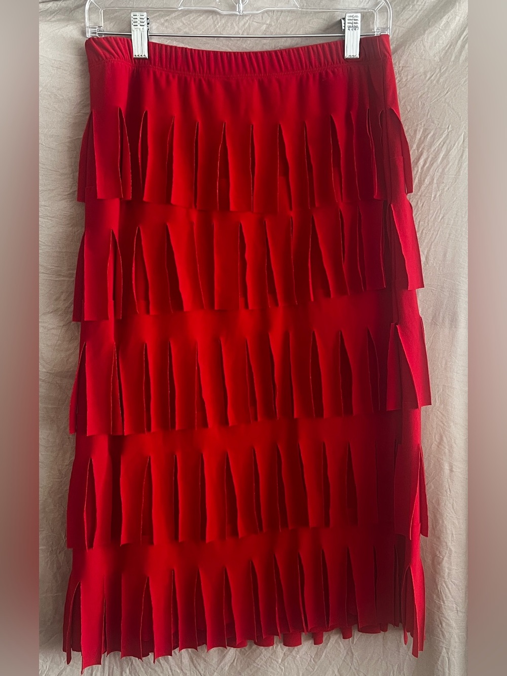 Red Tiered Fringe Pencil Skirt